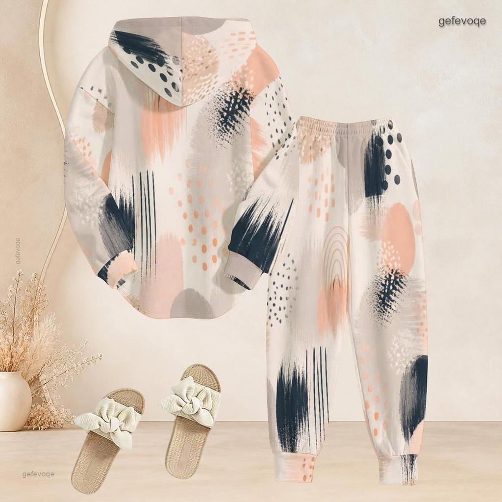 Women Plus Size Two Piece Set Abstract Leaf Printed Hooded Long Sleeve Top Cuffed Pants