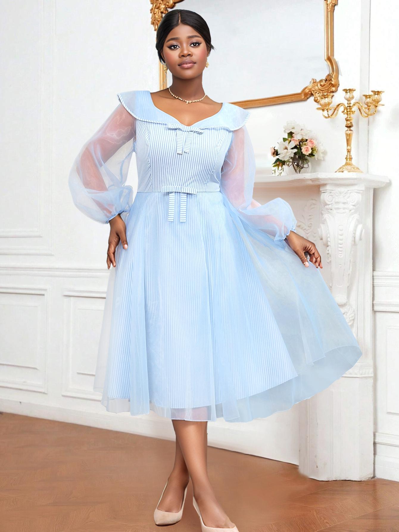 

Элегантное платье А-силуэта с кукольным воротником в стиле пэчворк, длинными рукавами-буфами и бантом, вечернее платье для женщин с полупрозрачной сеткой и плиссированной юбкой 4XL синий