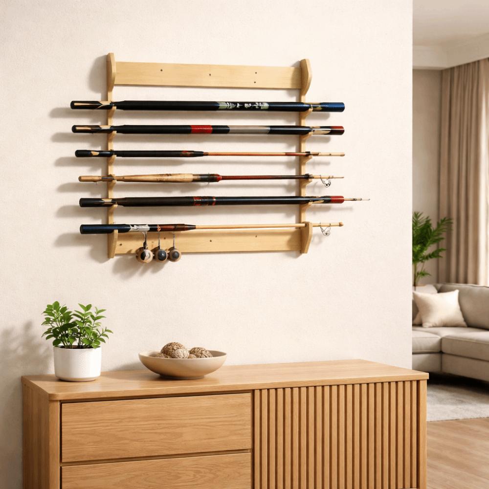 Bamboo Fishing Rod Storage Rack Large Capacity Space Saving Fishing Rod Display Rack Wall Mounted Fishing Rod Holder Living Room
