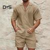 Conjunto de 2 peças de roupa de verão masculina, lapela, manga curta, botões, camisa, cintura elástica, shorts, conjunto de agasalho de cor sólida