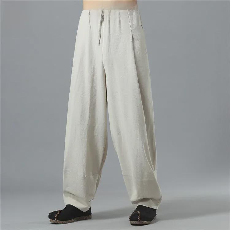 Men's Summer Cotton-Linen Wide-Leg Elastic Waist Pants