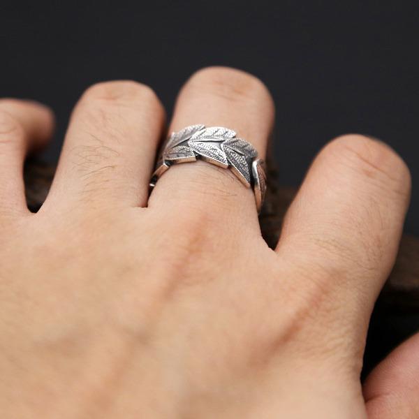 S925 Silver Retro Leaf Pattern Adjustable Men's Trendy Index Finger Ring