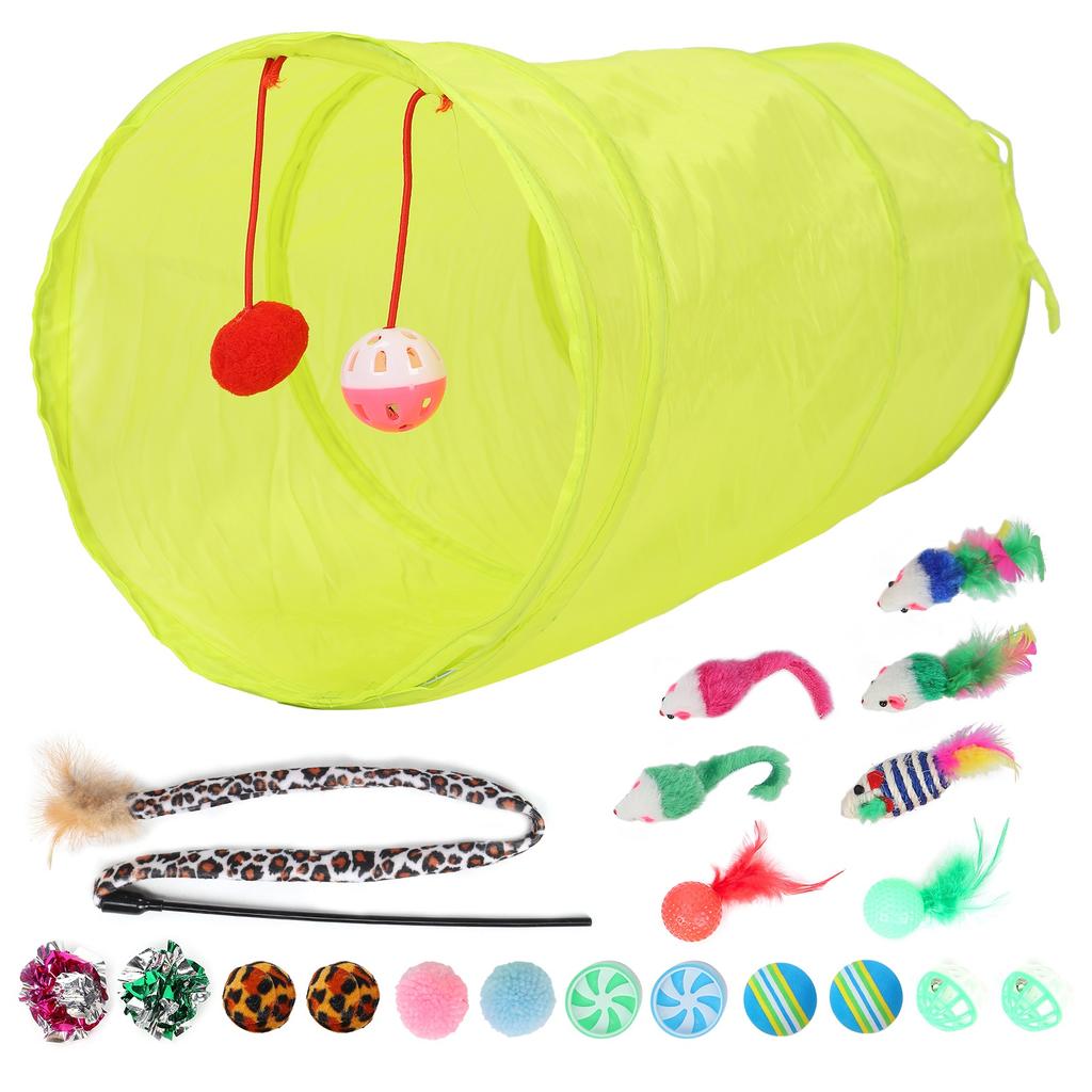 Cat Feather Toy Set Interactive Cat Toy Kitten Toy Assortments Includes Tunnel Cat Stick Balls Bells and Mice
