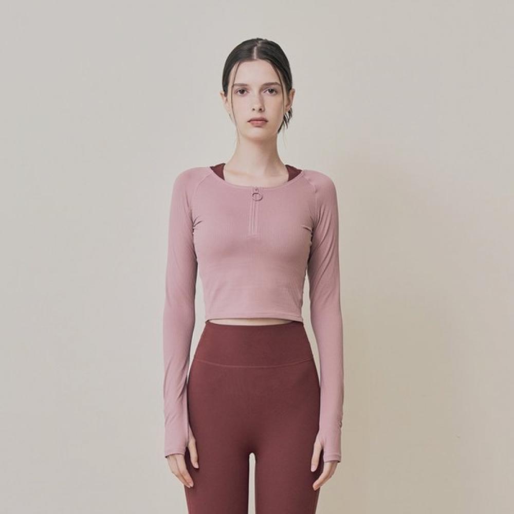 HuiT New Zipper Rib Round Crop Long Sleeve T