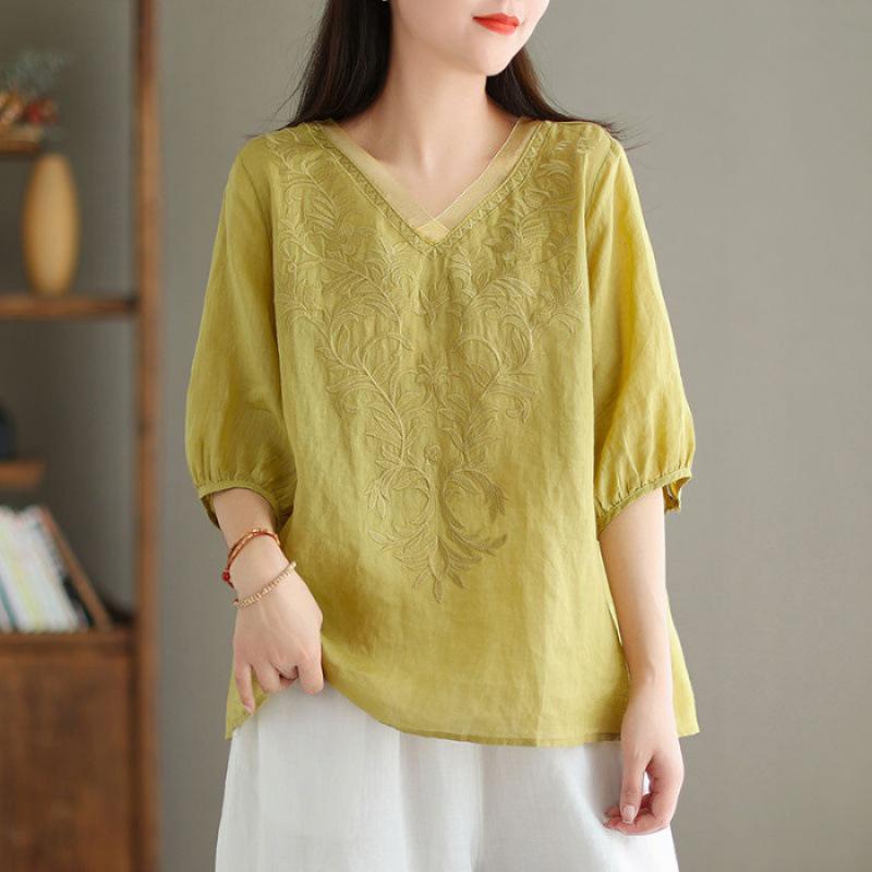 Women's Summer 2024 V-Neck Embroidered Three-Quarter Sleeve Cotton Linen Shirt