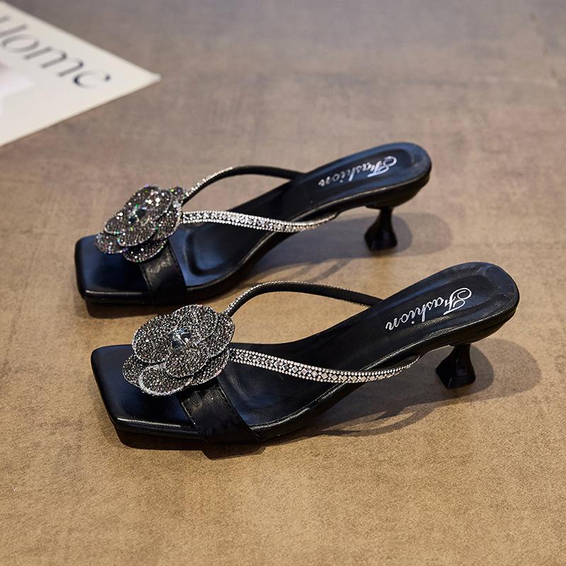 Fashion Diamond-shaped Camellia High-heeled Flip-flops for Women To Wear in Summer, Square-toed Thin Heels