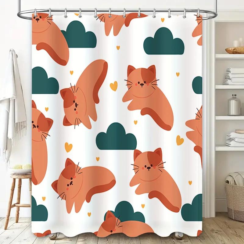 Adorable Orange Cat Pattern Shower Curtain for Bath Decor 180 x 180cm |.com