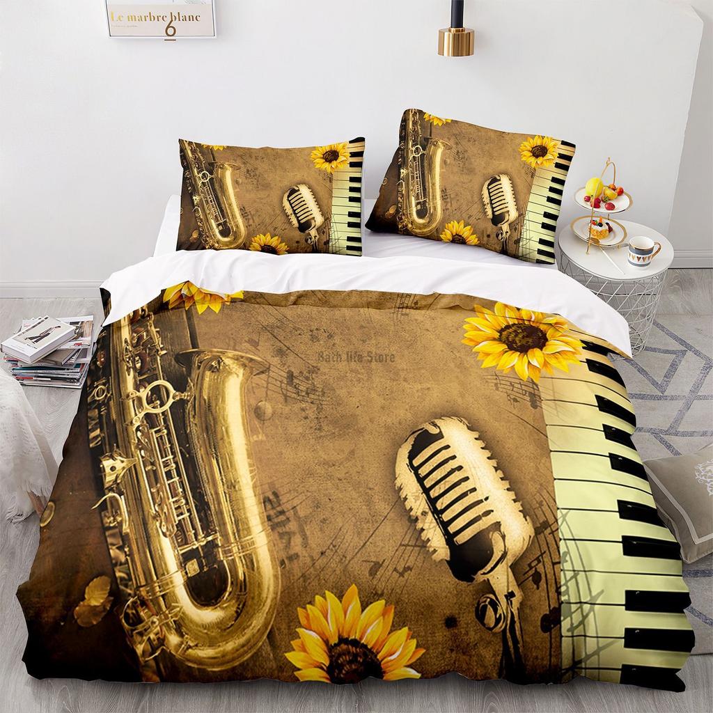 Modische Bettwäscheset Piano Gitarre 3D-Druck Musik Bettbezug mit Kissenbezug Bettwäsche für Heim Schlafzimmer Dekor Bettbezug Set
