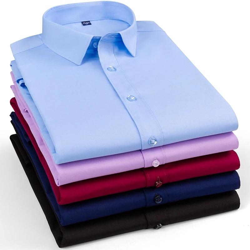 Plus size 8XL elastic long-sleeve shirts for men slim fit formal plain shirt wrinkle free soft office tops solid color clothes