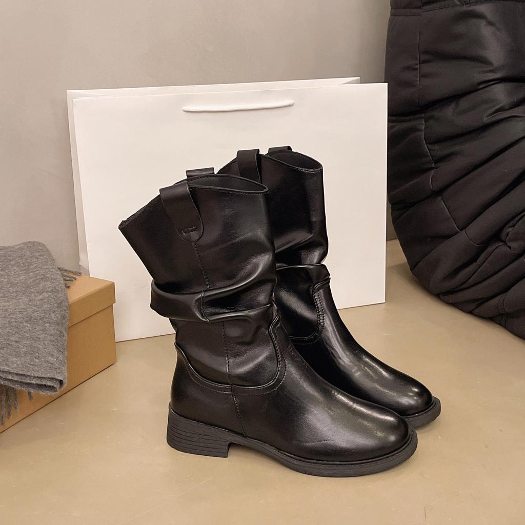 Brown retro western boots women's 2025 autumn new pleated stacking boots medium tube knight boots temperament Martin boots