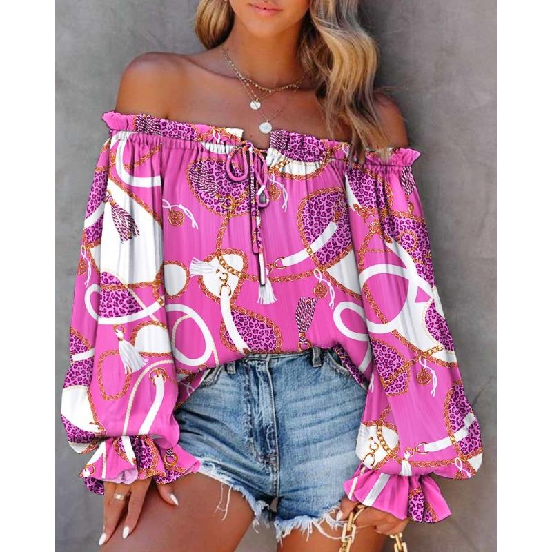 Women S One Shoulder Long Sleeve Printed Casual Shirt