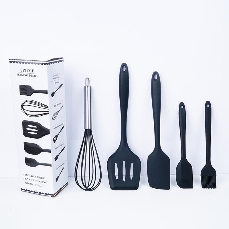Set de 5 ustensile de bucătărie din silicon: Spatulă, Pensulă de ulei, Tel și Lingură de gătit