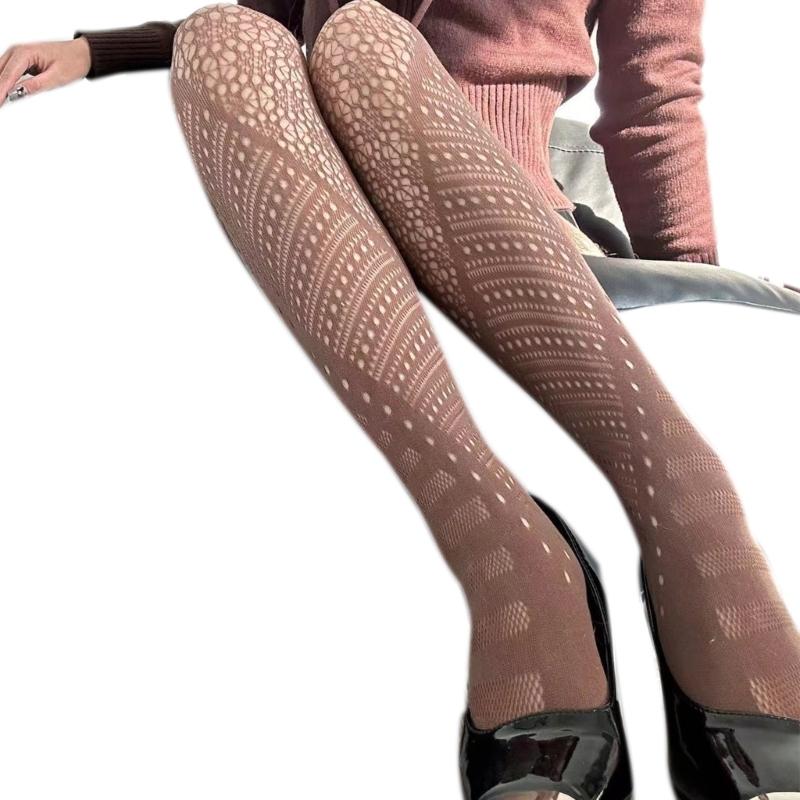 Women Vintage Hollowed Out Fishnet Sheer Pantyhose Aesthetic Irregular Geometric Patterned Spliced Leggings Mesh Tights