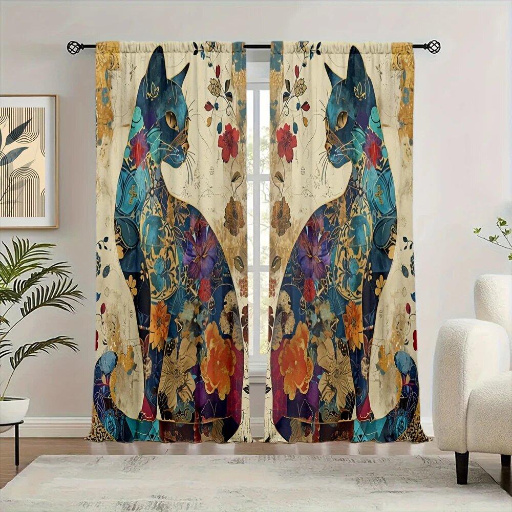 2pcs- Bohemian Cat Print Curtains   Pole Bag Curtains 42*84   Bedroom and Living Room   Home Decoration   Room Decoration