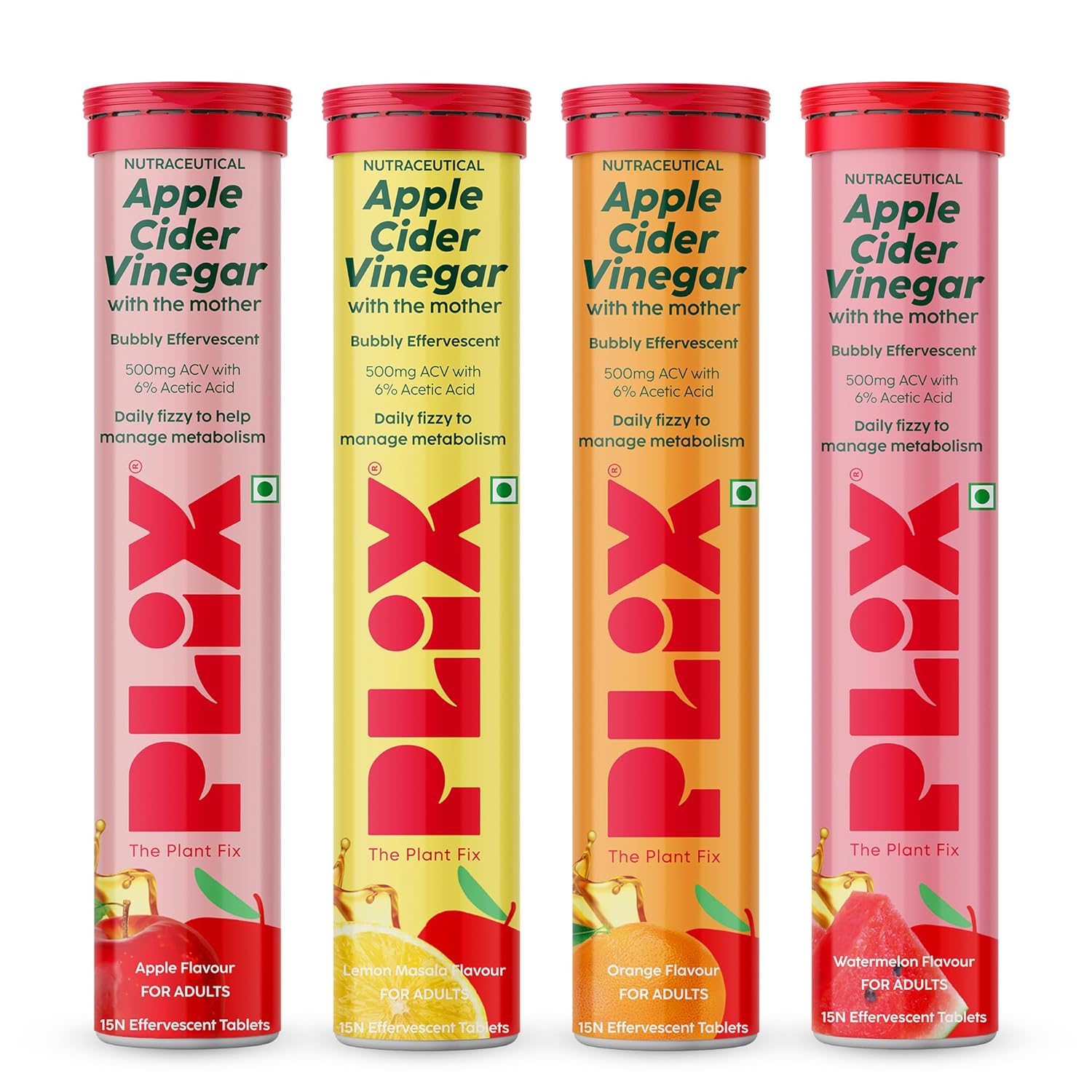 

THE PLANT FIX Apple Cider Vinegar Effervescent Mix Tablets With Mother, 500mg ACV, 15 tablets X Pack of 4, Supports Metabolism & Appetite