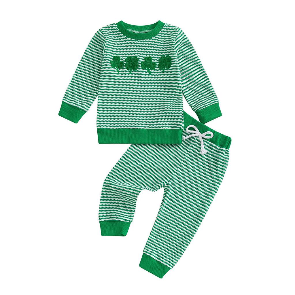 Unisex Baby St. Patrick's Day Clover Embroidered Striped Two-Piece Set (Autumn/Winter)