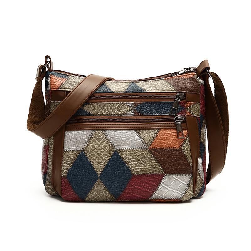 Women's Large Capacity Soft Leather Patchwork Crossbody Bag - Retro Multi-pocket Shoulder Bag for Work & Commute.