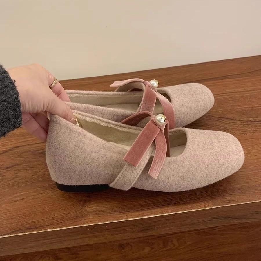 2025 spring new French temperament bow inner height increase Mary Jane shoes women's versatile one-word pink light mouth single shoes