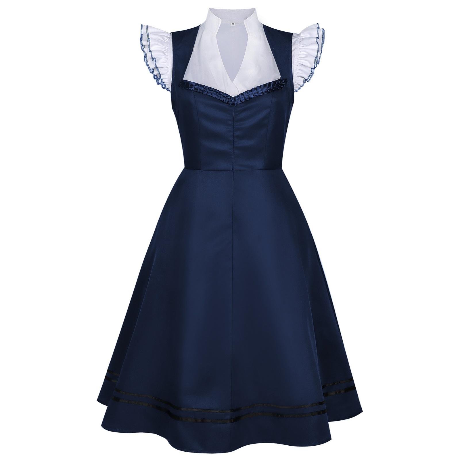 

Women Vintage Maid Dress Sleeveless Ruffled Collar Apron Dress Retro Style Full Skirt Dress with Waist Tie for Costume Party XXL синий