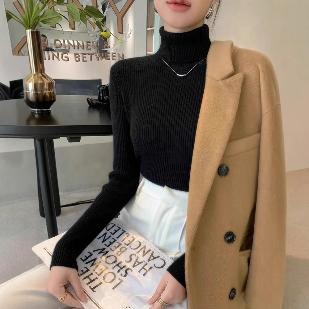Podzimní a zimní svetr s vysokým límcem pro ženy, úzký pletený svetr s žebrovou vazbou, s těsným pulovrem uvnitř, všestranný hřejivý top s dlouhým rukávem