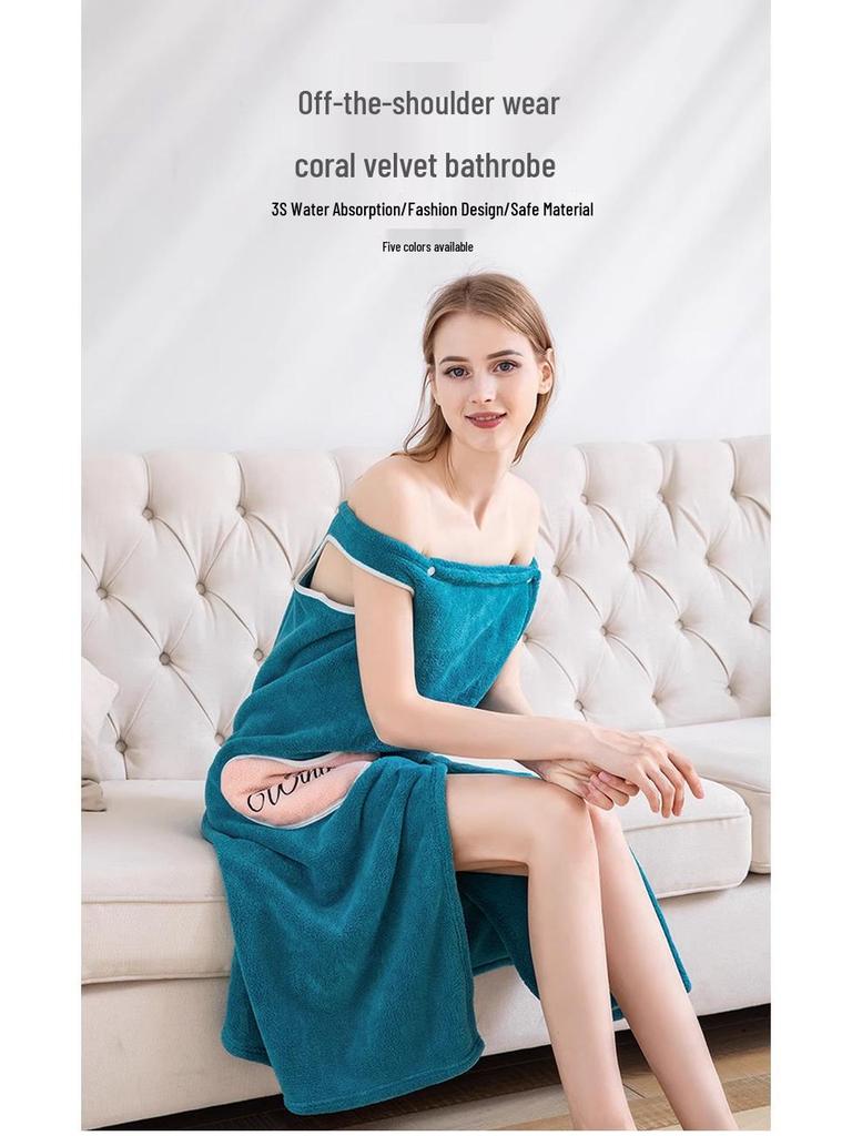 Women's Off-Shoulder Coral Fleece Bathrobe with Star Embroidery