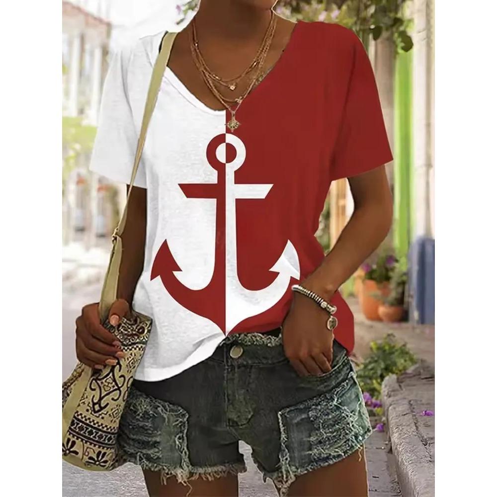 Stripe Printed T-shirt Fashionable Loose Short Sleeved Round Neck Versatile Comfortable Women's V-neck T-shirt