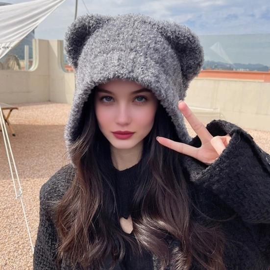 Women Hat Bear Shape Solid Color Winter Knitted Hat with Lace-up Cold Weather Thick Warm Plush Headwear