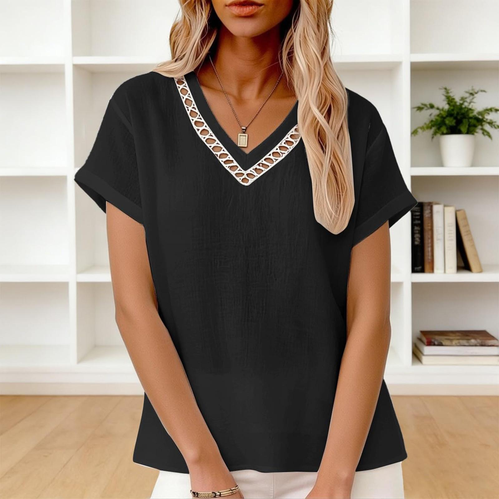 Женская Модная Повседневная -Цветная Кружевная Шнуровка Короткий Рукав Футболка Топ L чёрный