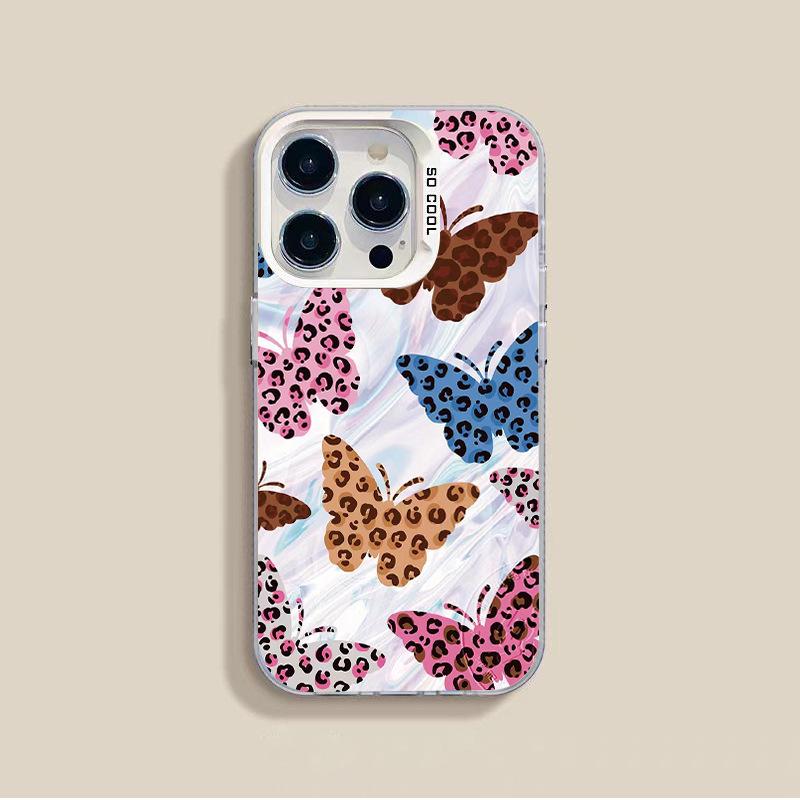 Silver Leopard Print Butterfly Phone Case for iPhone 15/14/13 Pro Max/12/XR/XS/7/8
