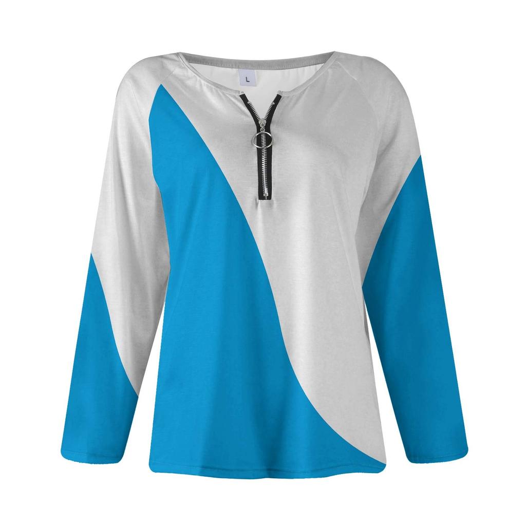 Women's Fashion Casual Temperament Zipper V-neck Irregular Striped Geometric Print Long Sleeve Top