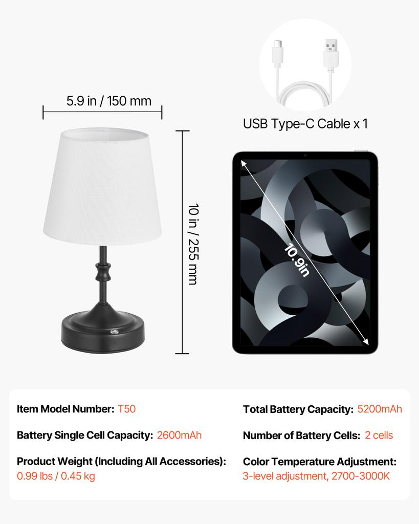 SucceBuy Cordless Table Lamp 5200mAh Built-in Rechargeable Battery Desk Lamp 3-Level Brightness Fabric Shade Color Temperature