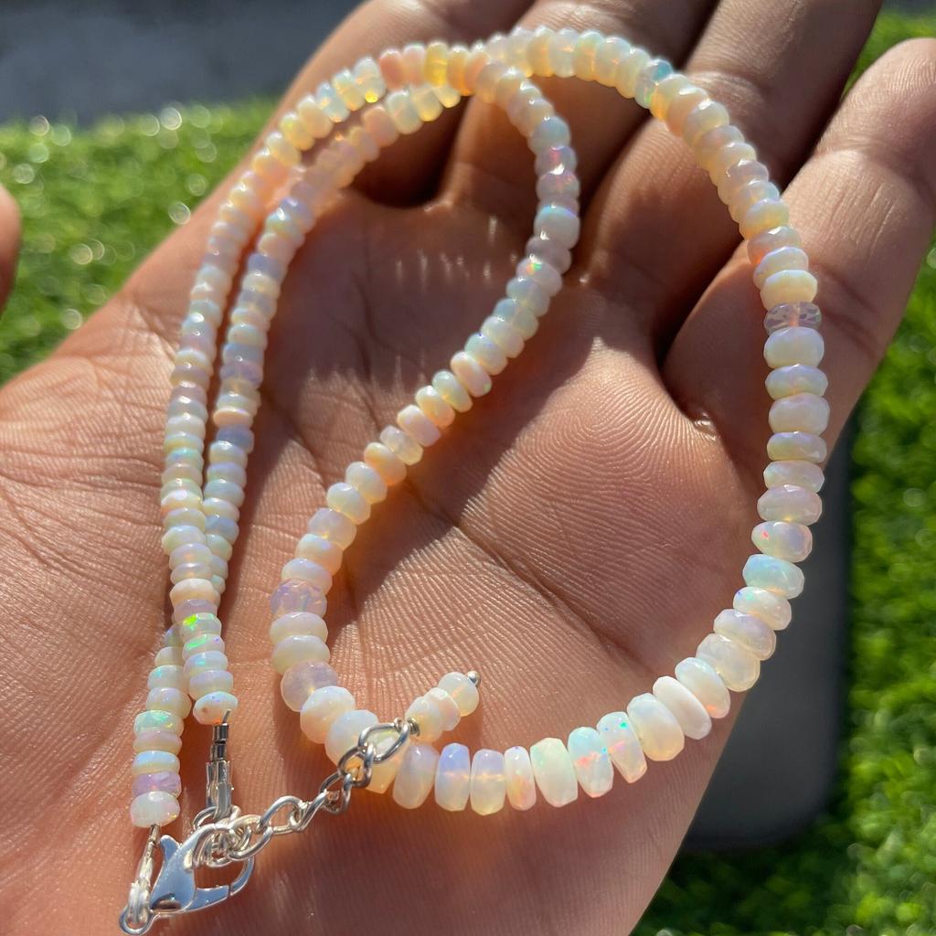 White Ethiopian Opal Beaded Necklace: Faceted Gemstone Jewelry