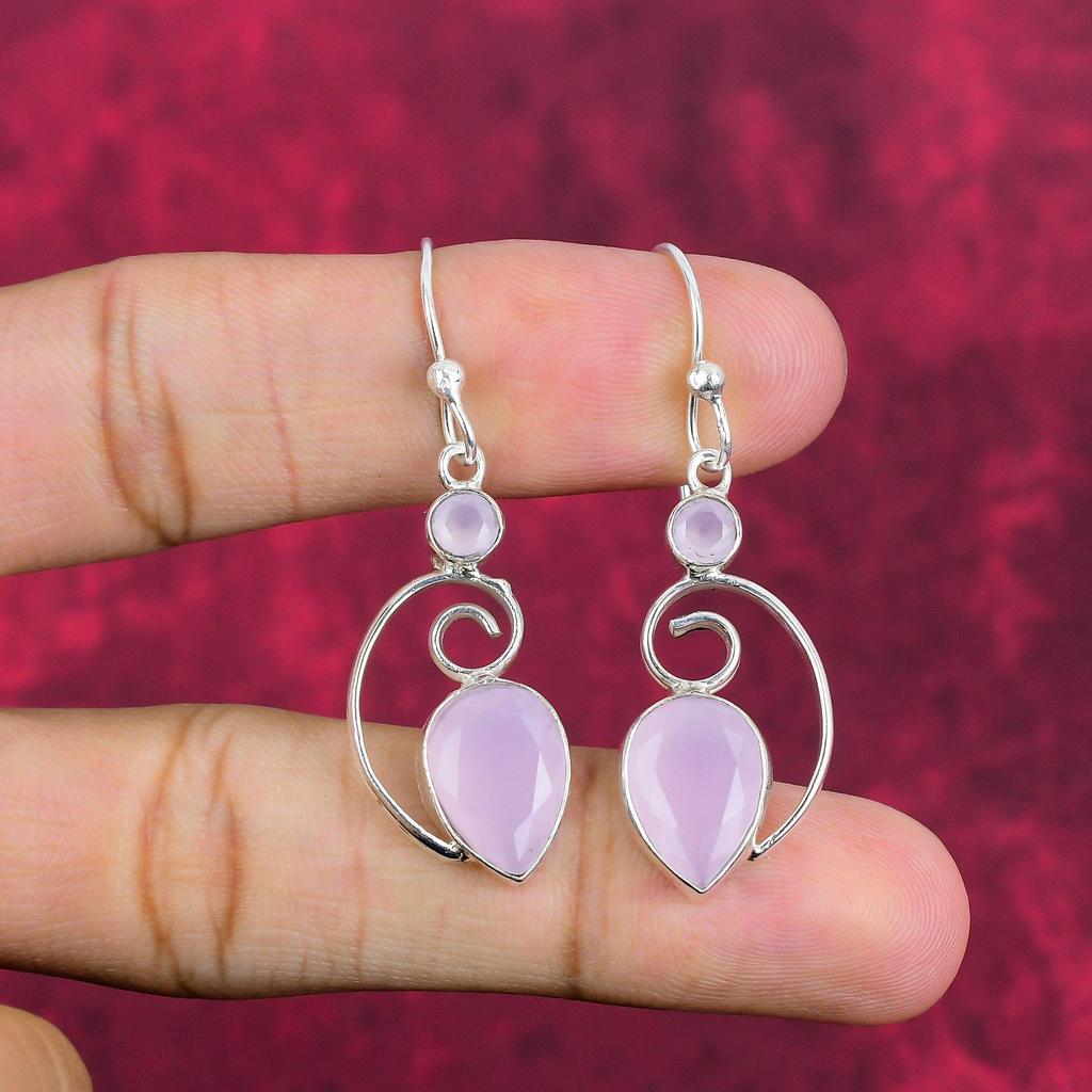 Cercei de calcedonie roz Bijuterii din piatră prețioasă, cercei lucrați manual din argint 925 solid, bijuterii de ultimă generație