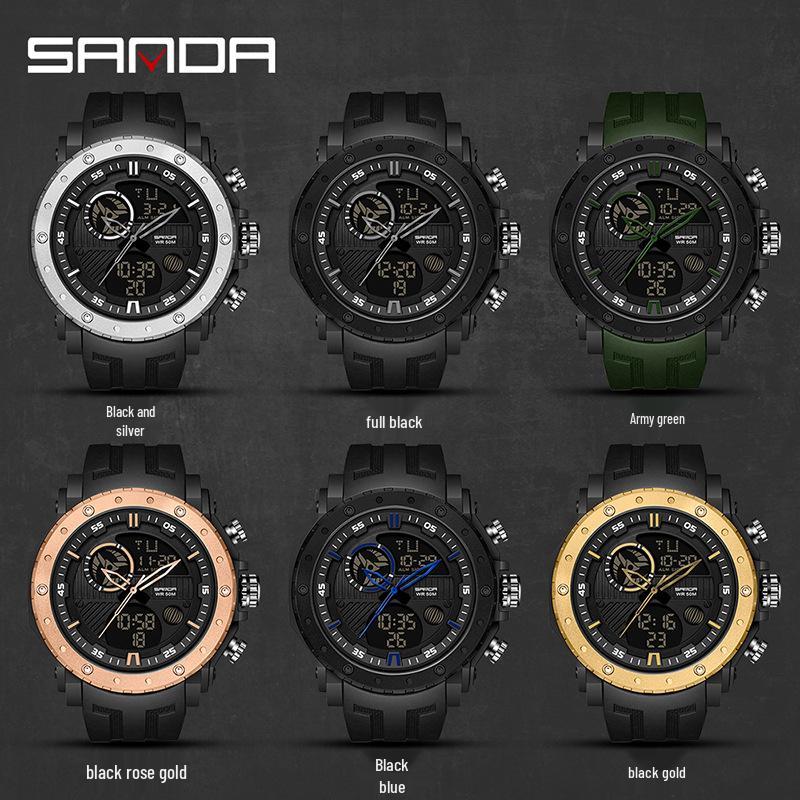 Sanda Multifunctional Dual Display Luminous Waterproof Outdoor Sports Men's Watch with Large Dial