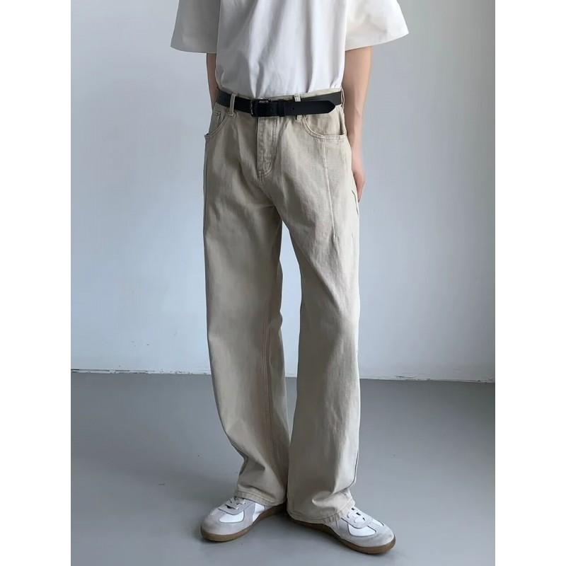 Mens High-Waisted Straight-LegCargo-Style Denim Pants Khaki