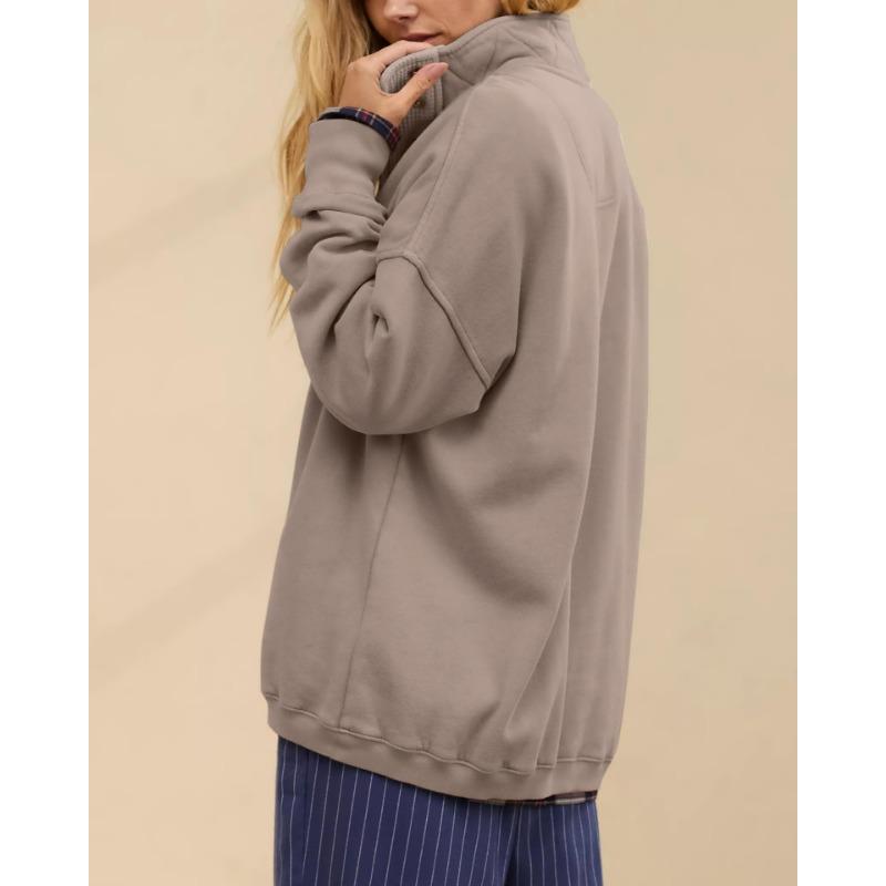 Womens Loose Half Button Collar Long Sleeve Casual Sweatshirt
