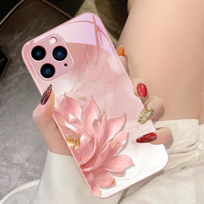 Side Lotus White For IPhone 16 Pro Max 15 Pro 14 13 12 Mini 11 XS Max XR 7 8 Plu SE 2022 Tempered Glass Phone Case
