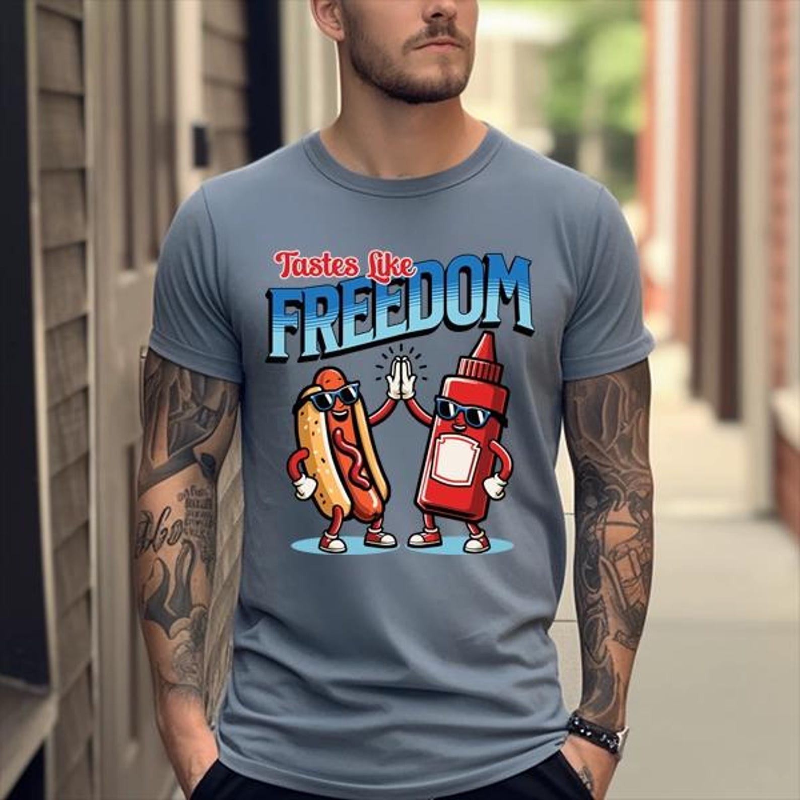 Tastes Like Freedom – Hot Dog & Ketchup High-Five T shirt S