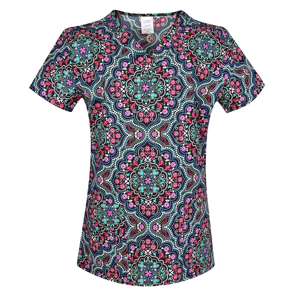 Hennar Uniforme de Trabalho Feminino 100% Algodão Estampado Uniformes Decote V Manga Curta XXS-3XL Hospitalar Clínico Uniforme de Trabalho Top