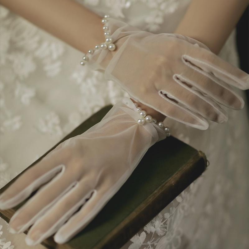 Lace Pearl Satin Bridal Gloves - Short Wedding Photo Accessory