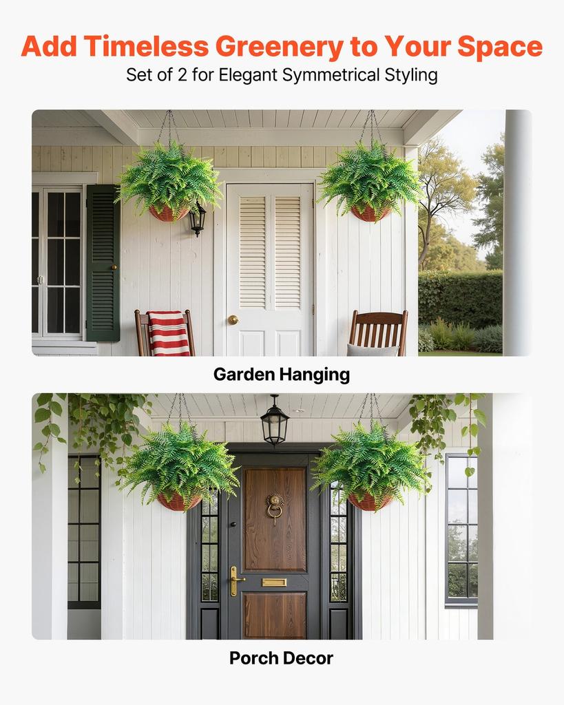 Artificial Ferns, 2 Pcs Fake Hanging Boston Fern Bush Plant with 584 Mm Hanging Length, Plastic Faux Greenery for Indoor and Outdoor Decor, For Wall,