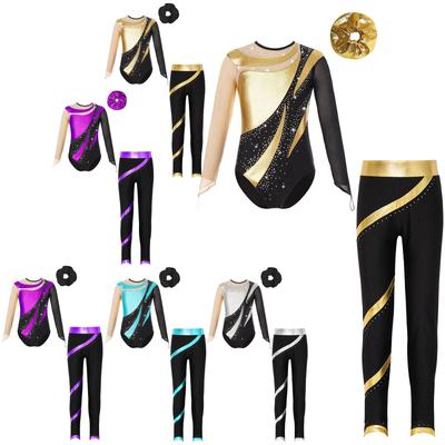 Mädchen Glänzende Strasssteine Tanzset Langarm Cutout Rücken Body Elastischer Bund Hose und Haargummi Stirnband
