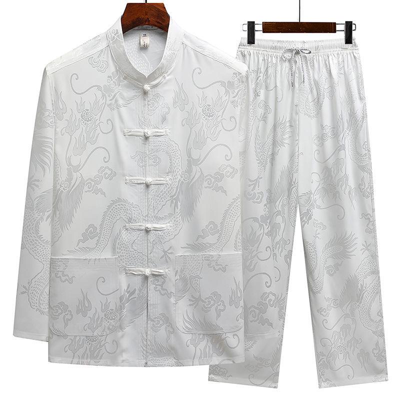 Men's Ice Silk Long-Sleeve Tang Suit: Chinese-Style Spring Hanfu for Older Adults, Loose Fit
