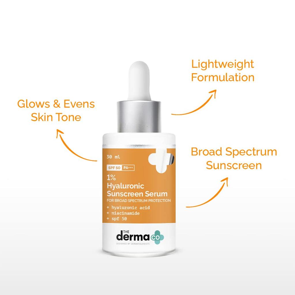 The Derma Co Hyaluronic Acid Sunscreen Serum SPF 50 With Niacinamide Lightweight Non Greasy Daily Sun Care 30 ml