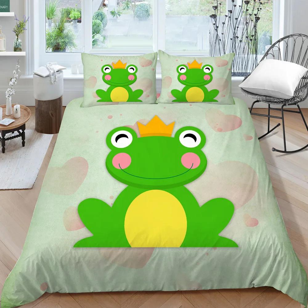 Animal Frogs Duvet Cover Set King Queen Size Green Lovely Cartoon Frog Bedding Set Boys Toad 2/3pcs Polyester Comforter Cover