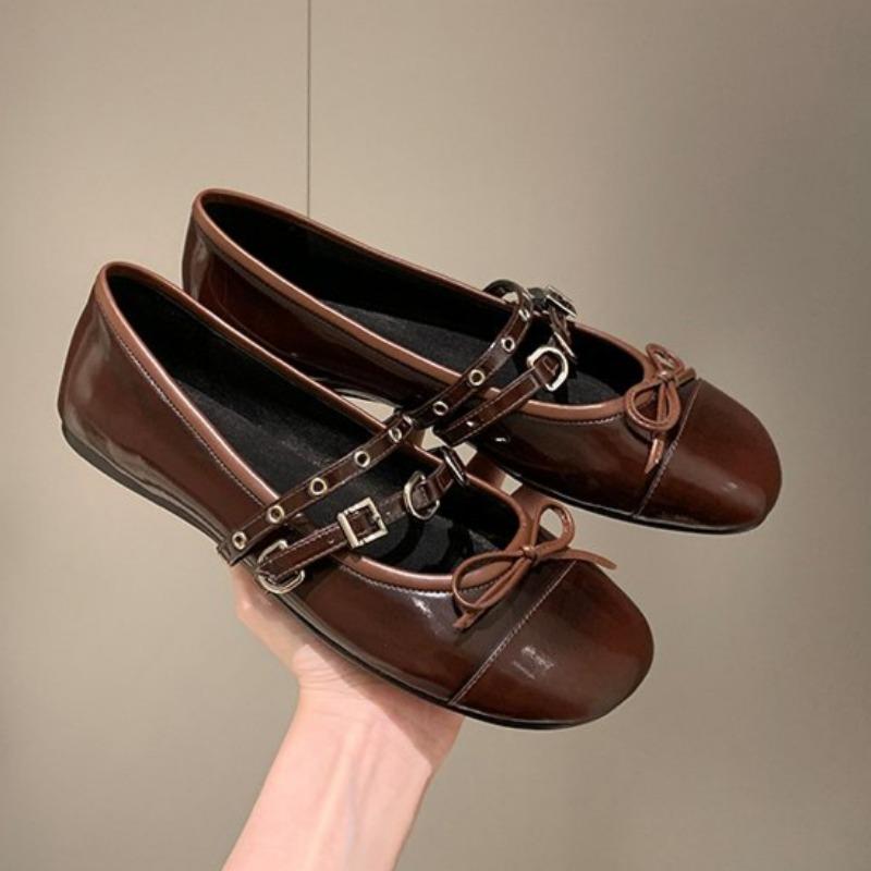 Women's Flat Shoes Fall New Square Head Shallow Mouth Butterfly Knot Rivet Soft Sole Non-slip Low Top Single Shoes