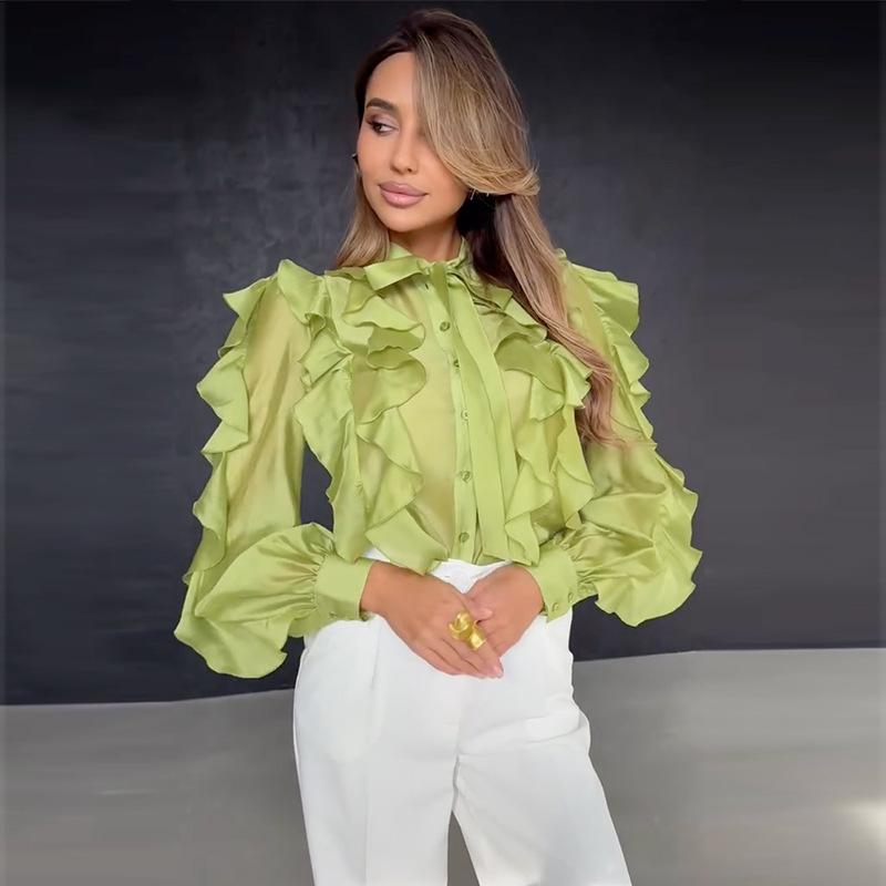 2026 Summer New Fashionable Design Solid Color Ruffle Women s Shirt S