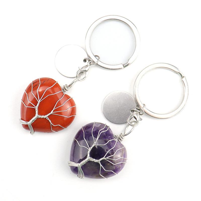 Natural Stone Crystal Peach Heart Heart Shape Tree Of Life Keychain Keychain Bag Pendant K24