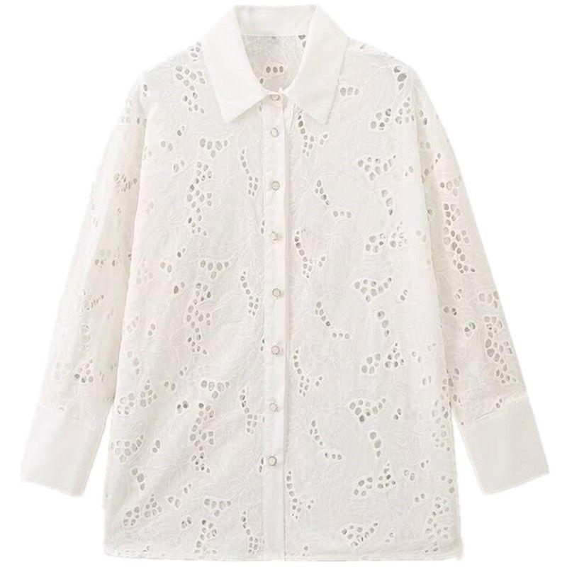 

Fashion Wind 2024 New Fall Women s Clothing Lapel Long Sleeves Breasted Cut Out Embroider Loose Shirt 8251221 White L