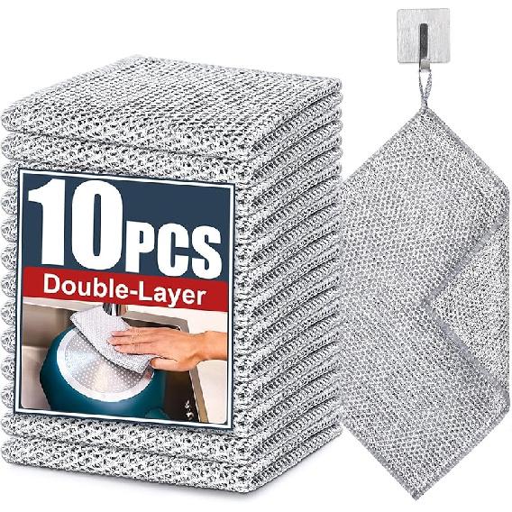 Navona 12 Pcs New Upgrade Steel Wire Dishcloth,Triple-Layer Steel Wire Cleaning Cloth,Powerful Cleaning Non-Scratch Wire Dishcloth Rag for Cookware, 10-pack（double Layer）